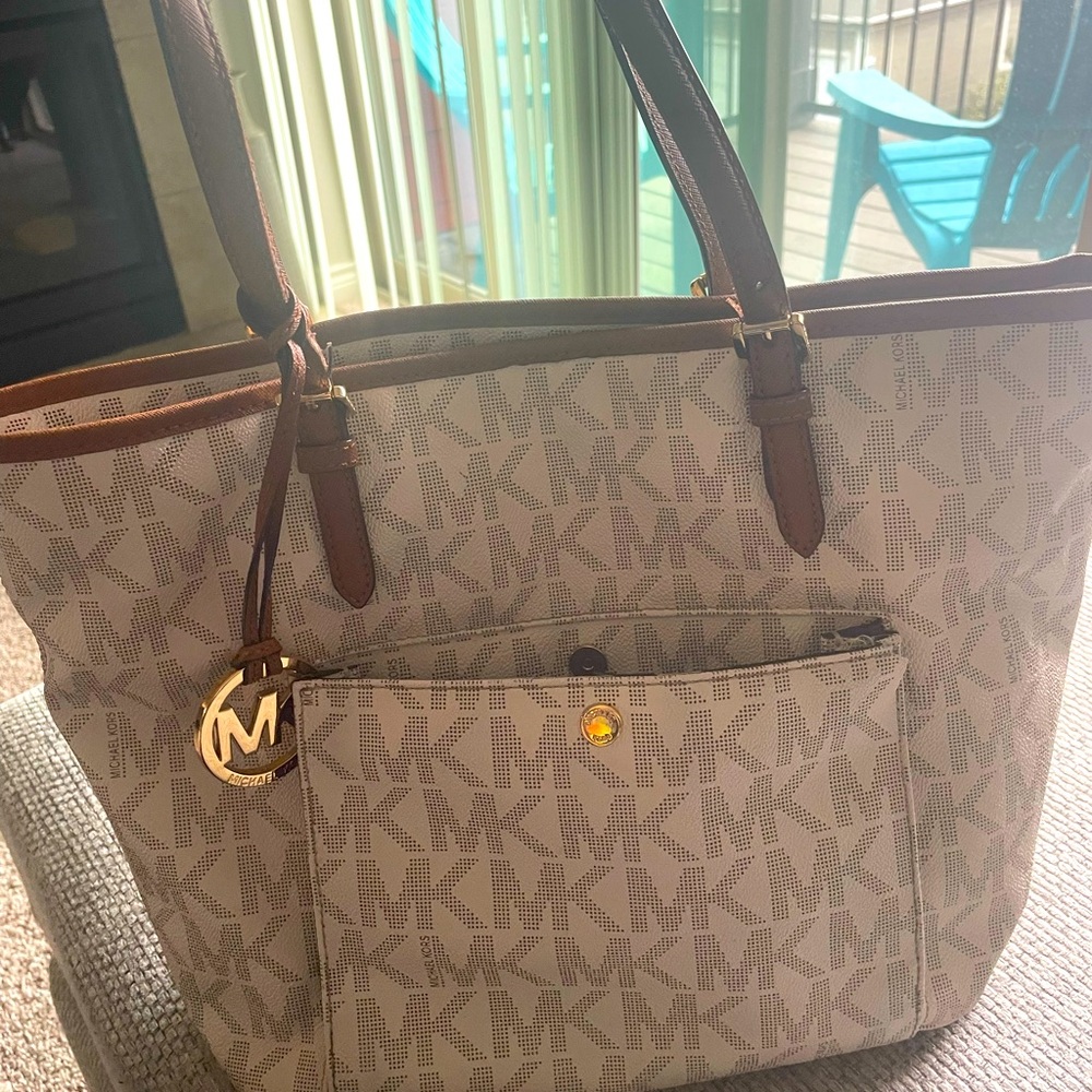 Brown and White Micheal Kors Tote